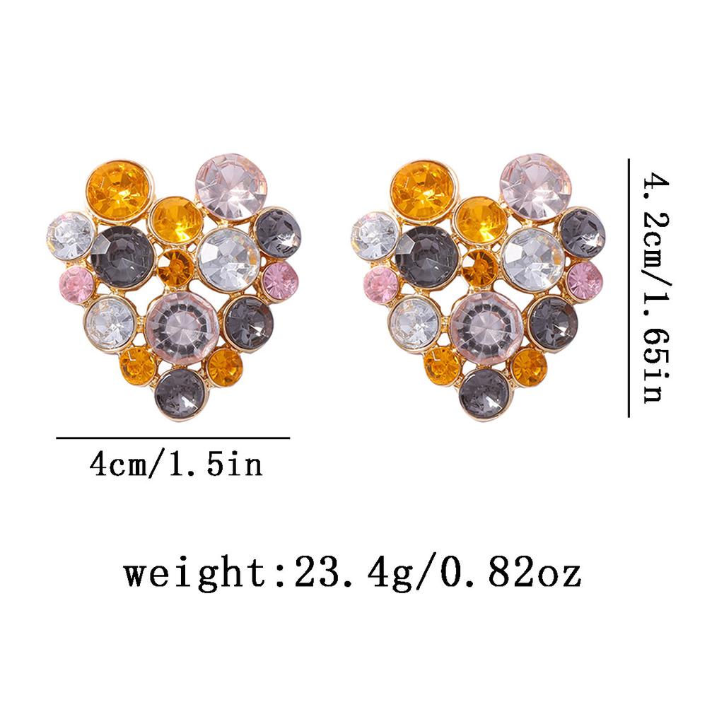 Light Luxury Colored Rhinestone Heart-Shaped Stud Earrings for Women Fashion Geometric Hollow Metal Earrings Wedding Jewelry