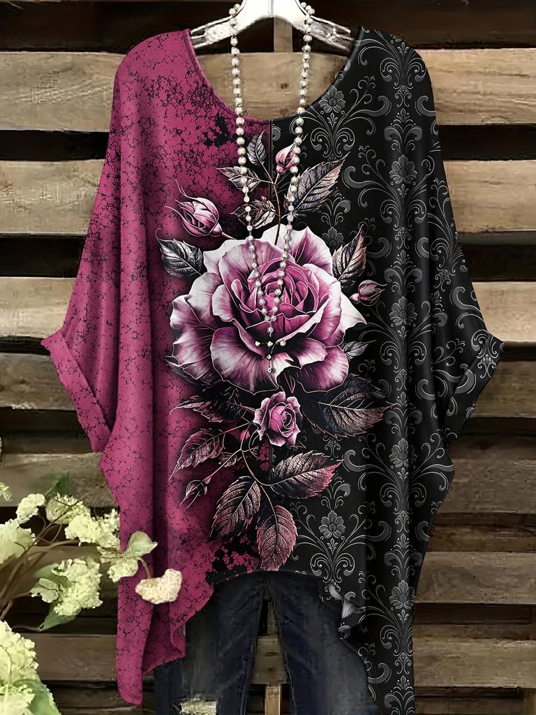Plus Size Ladies Elegant Bohemian Print T-Shirt - Crew Neck Asymmetrical Hoop