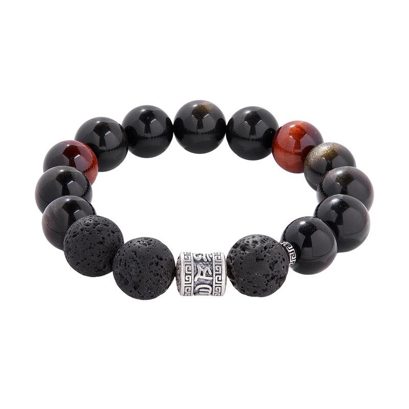 Sterling Silver Volcanic Stone, Gold Obsidian, Red Tiger Eye Men's Beaded Retro Bracelet - Elegant Gift for Boyfriend