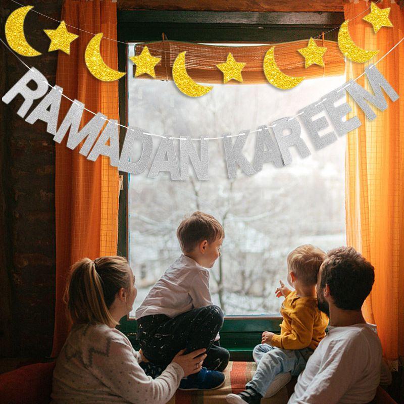 EID Mubarak Banner Glitter Star Moon Letter Paper Bunting Garland Islamic Muslim Party Ramadan Kareem Decorations for Home 2025