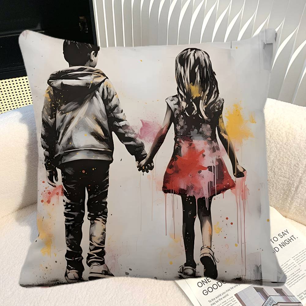 Street Graffiti Banksy Boy Girl With Balloon Pillow Case Square Pillow Bedroom Sofa Leisure Comfort Cushion Car Home Decoration