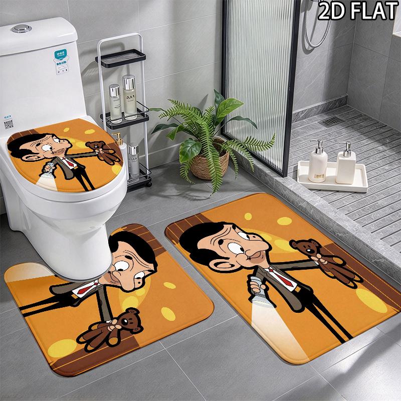 3pcs Mr. Bean Pattern Flannel Nonslip Absorbent Washable Decorative Bathroom Home Toilet Seat Cover Mat