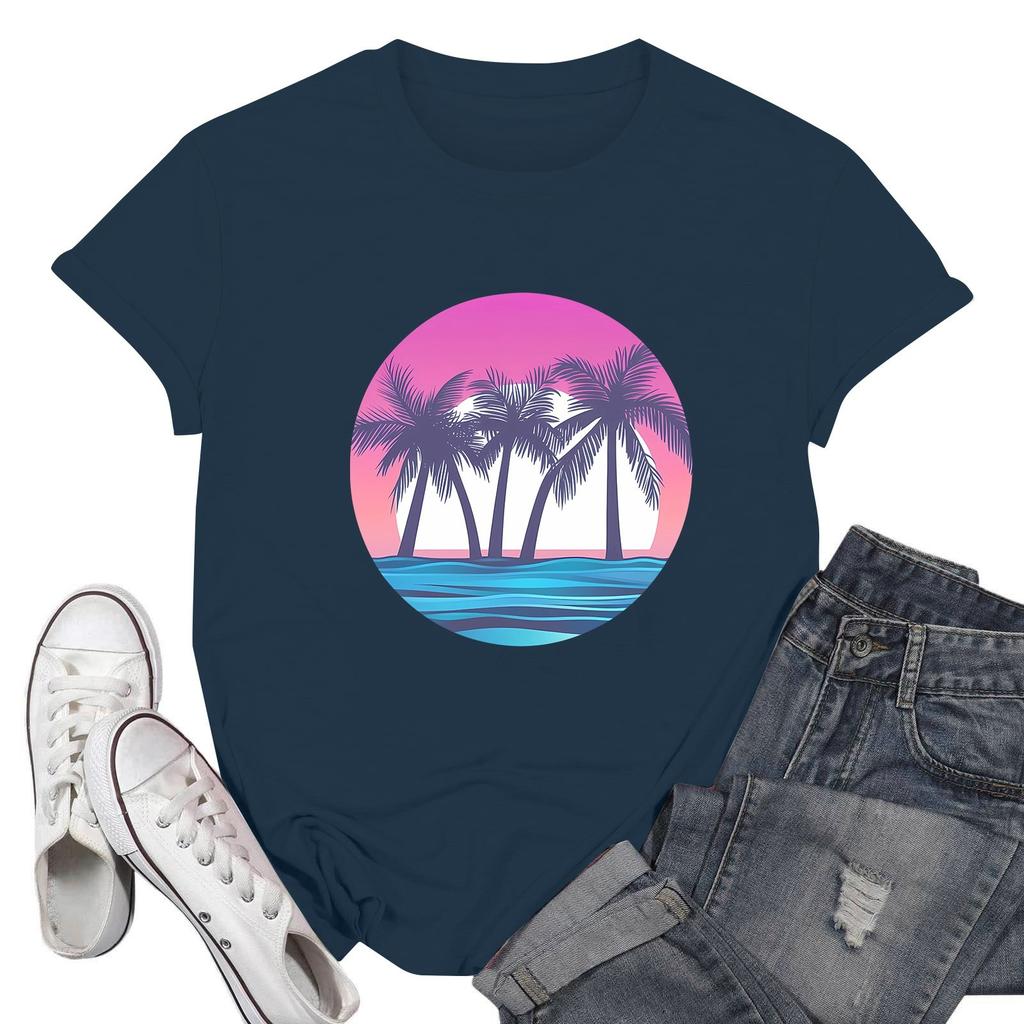 Women's Fashion Casual Printed Short Sleeve Round Neck Pullover Tops