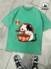 Cow Cat Likes Lamian Noodles Printed Retro TShirt Men Cotton Comfortable Tee Fashion Loose Snow Wash Clothing Soft Male Top
