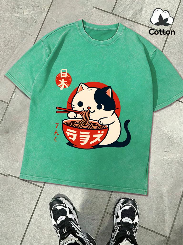 Cow Cat Likes Lamian Noodles Printed Retro TShirt Men Cotton Comfortable Tee Fashion Loose Snow Wash Clothing Soft Male Top