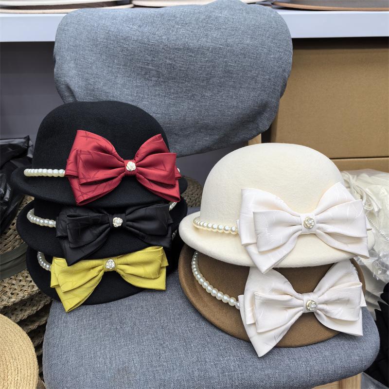 Casual Fashion Top Hat French Hepburn Style Pearl Bow Woolen Beret Fashion Sweet Bow Hat