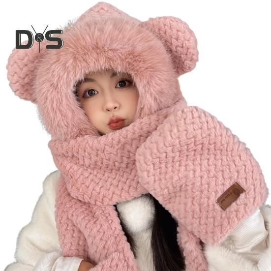 

Женская зимняя шапка со встроенным шарфом и перчатками, толстый теплый искусственный мех, ветрозащитный, с декором из медвежьих ушей, полная защита от холода, для езды на велосипеде, пешего туризма, путешествий розовый