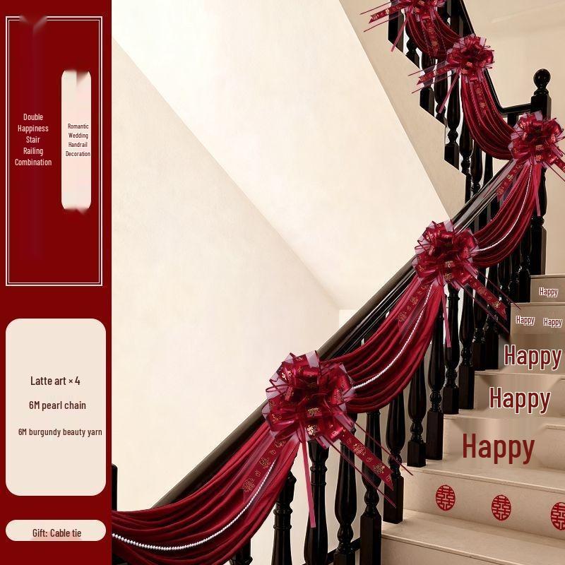 Double Happiness Stair Decor: Rustic Wedding Handrail & Wall Garland Set