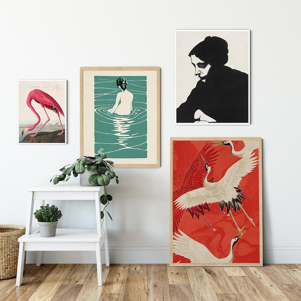 Wall Eclectic Colorful Print Maximalist Home Decor Ichijo Narumi Red Crane Bird Horse Riding Canvas Painting Poster Wall Picture