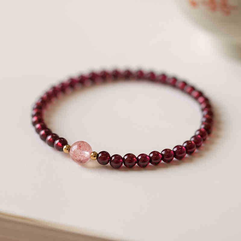 Chinese Double Circle Faux Garnet & Strawberry Quartz Pink Crystal Multi-Layer Bracelet for Women