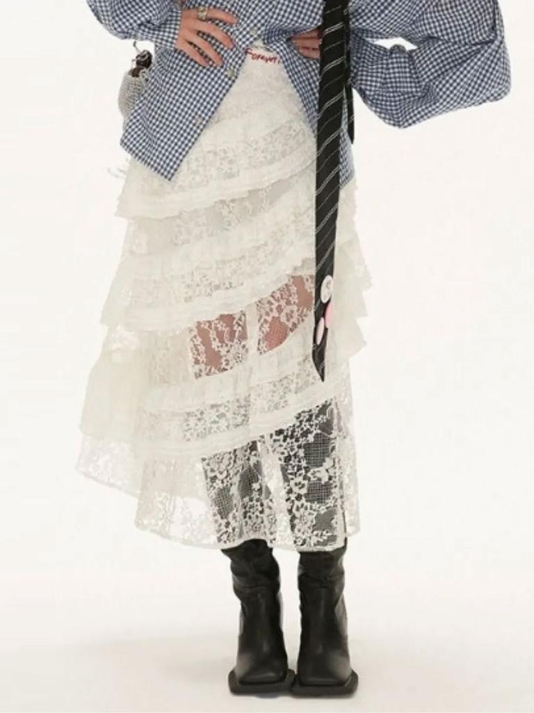 Women's Lace Skirt White Y2k Vintage Elegant Mid-length Skirt Ruffled Elastic Waist Korean Fashion Clothing