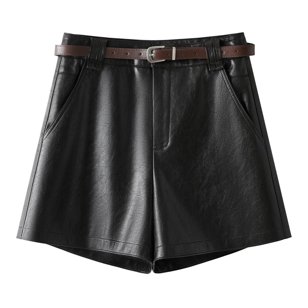 Coffee PU Leather High-Waisted A-line Shorts for Women & Girls - Winter 2025 Fashion, Slimming & Versatile