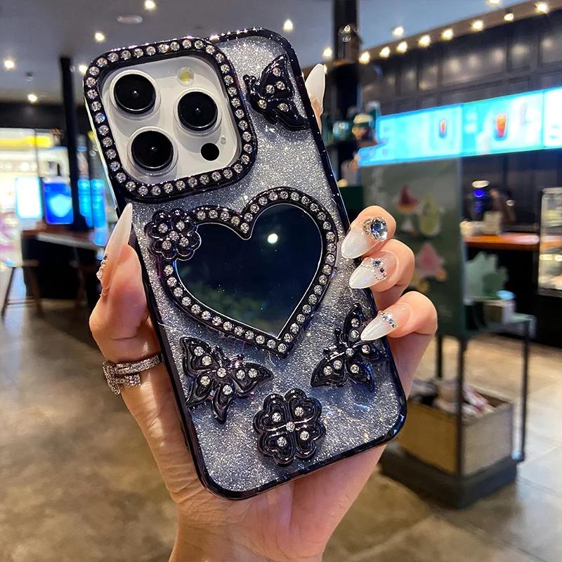 Luxe Galvanisch Gecoate Vlinder Glitters Diamant Hoesje voor IPhone 17 16 15 14 13 12 Pro Max Transparante Hart Make-up Spiegel Cover