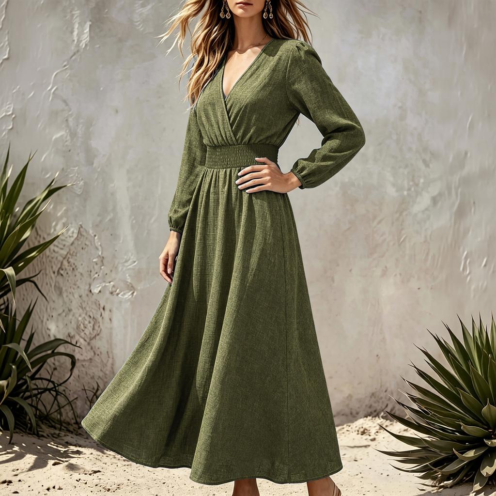 Women's Elegant Color V-Neck Long Sleeve Fitted Waist Dress for Work Party Daily Wear