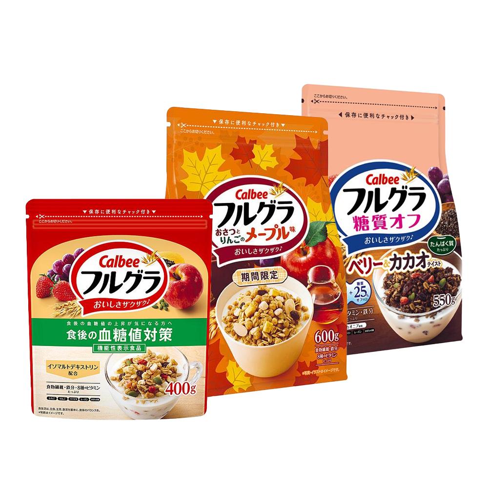 Japan Calbee Frugra (Sweet Potato & Apple Maple Flavor / Blood Sugar Control / Low-Carb Berry & Cacao)