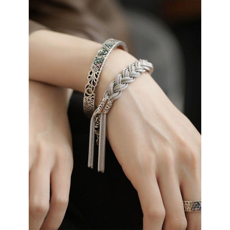 S925 Silver Cable Stitch Bracelet for Women 2025 New Arrival Special-Interest Design Mild Luxury Retro Ethnic Style Woven Tassel Carrying Strap
