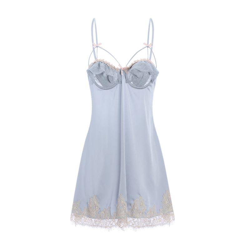 Good Morning with You: Lace Sling French Push up with Breast Pads Pajamas with Steel Ring Ice Silk Nightdress Two-piece Set Slim Looking