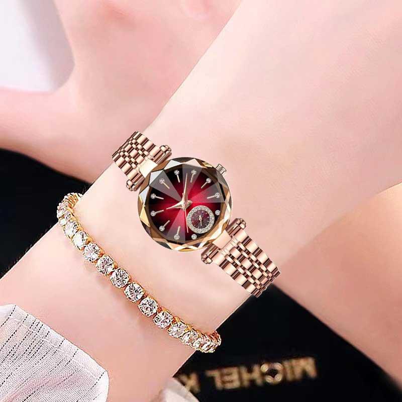 Elegant Ladies' Quartz Watch with Diamond Accents, Durable Glass, and Steel Band