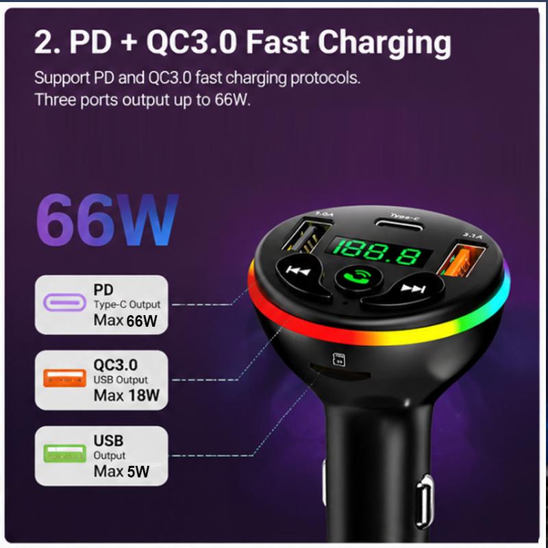Bluetooth 5.0 FM Transmitter Car Charger 66W 3 Ports Fast Charging Car MP3 Player Handsfree Call RGB Light TF U Disk Car Voltage Detector