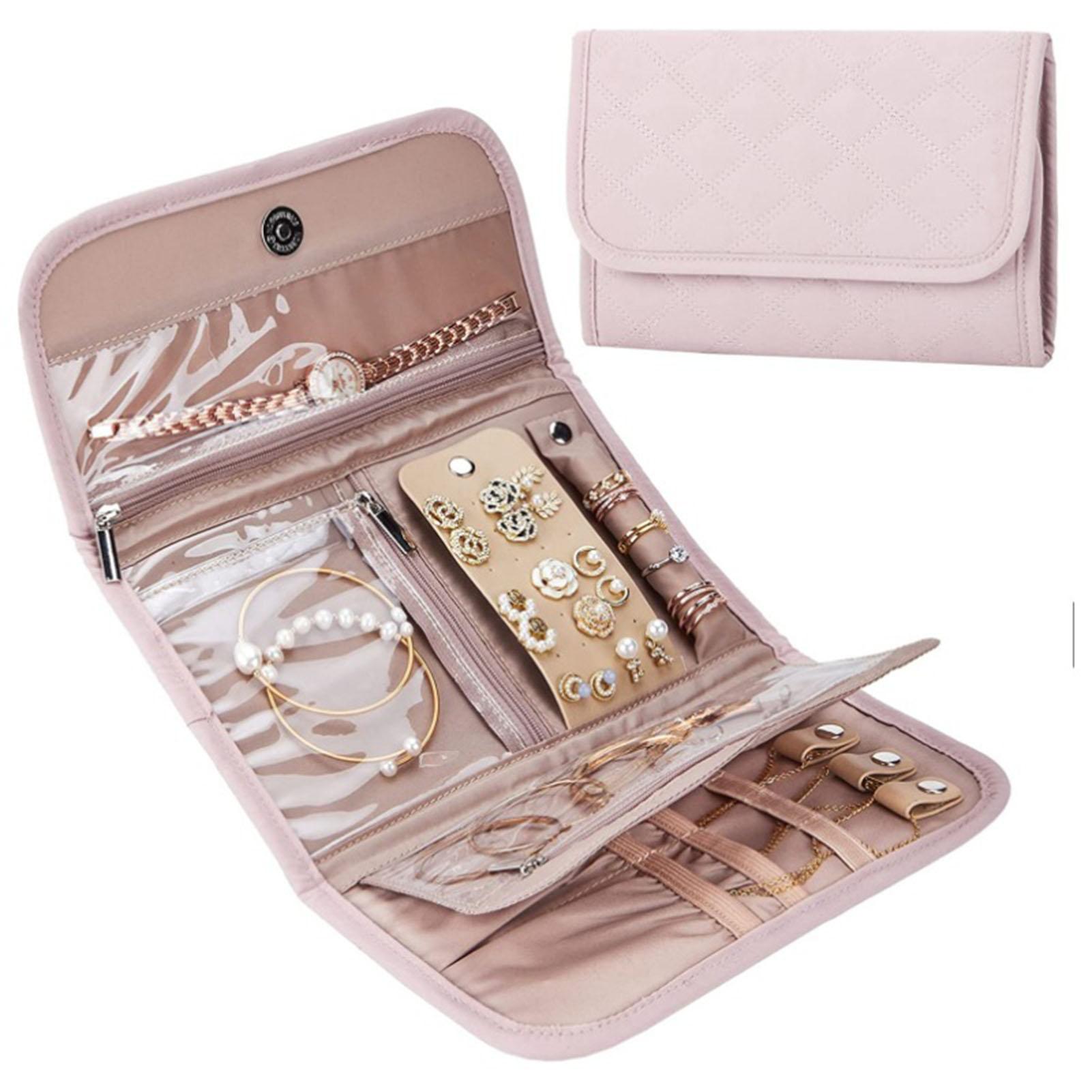 

Portable Jewelry Storage Roll Bag Travel Organizer Jewelry Case Leather Storage Earrings Necklace Ring Jewelry Organizer Display As Shown розовый