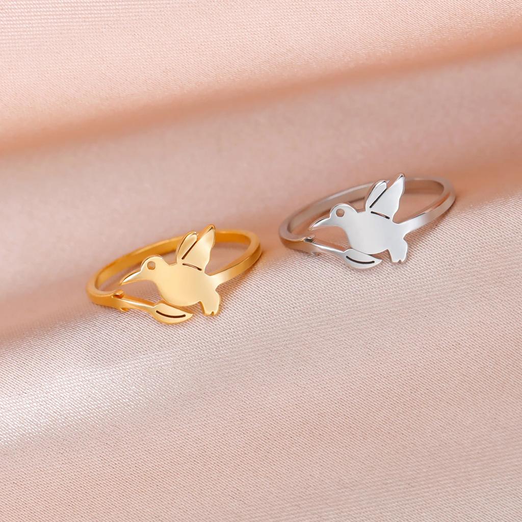 Hummingbird Flowers Leaves Open Ring Women Stainless Steel Adjustable Finger Rings Bird Animal Jewelry Birthday Gift