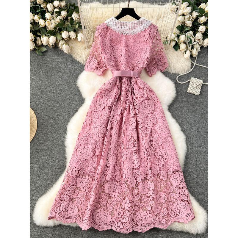 French Dress Female 2024 New Arrival Sweet Contrast-Color Doll Collar Breasted Silm Mid Length Long Length Lace Formal Dress