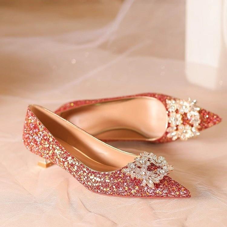 

Autumn new champagne high heels women s thin heels square buckle rhinestone pointed temperament bride shoes wedding shoes women 40