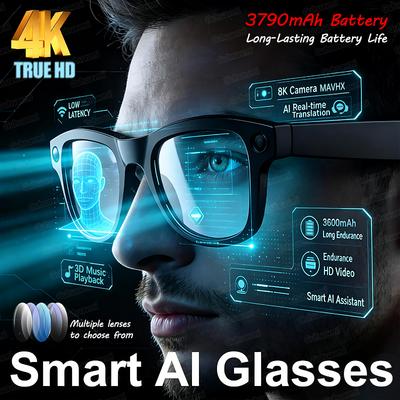 Occhiali Intelligenti HD 4K 800W con Fotocamera AI per Uomo, Registrazione Video, Batteria da 3790mAh, Traduzione Lingue, Lettore Musicale 3D, Occhiali con Fotocamera