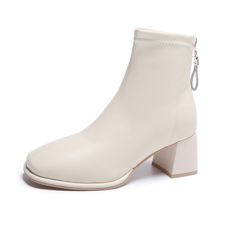 Fashion Block Heel Single Boots Women's Fashion Square Toe Spliced Rear Zipper Anti-Slip Wear-Resistant High Heel Shorthole Boots