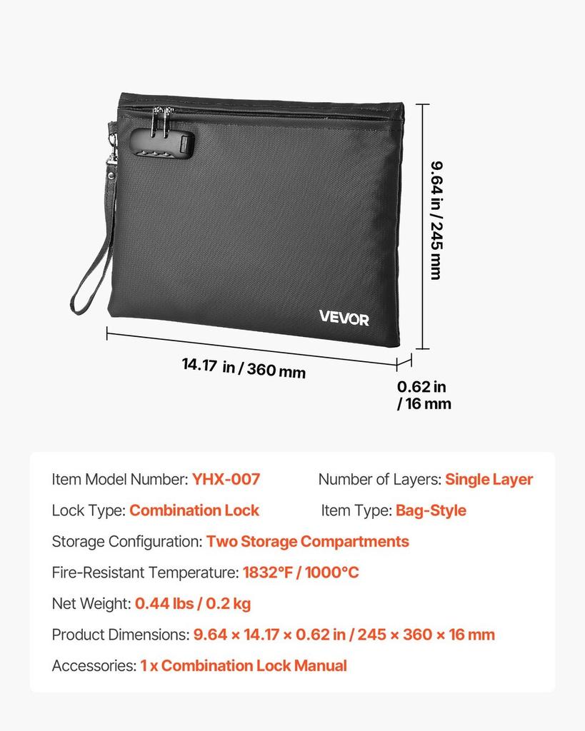 Fireproof Document Bag, 1000 Heat Insulated Fireproof & Waterproof Bag with Lock, Portable File Storage Security Organizer Home Office Travel Use, for