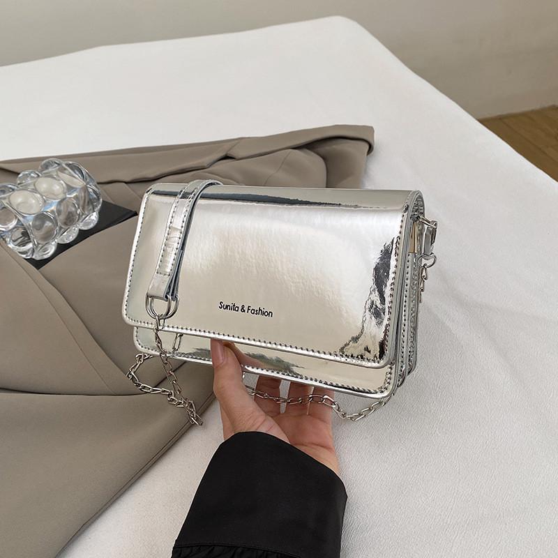 Trendy Chic Crossbody Bag Stylish Casual Square Design For Everyday Use In Black And Silver