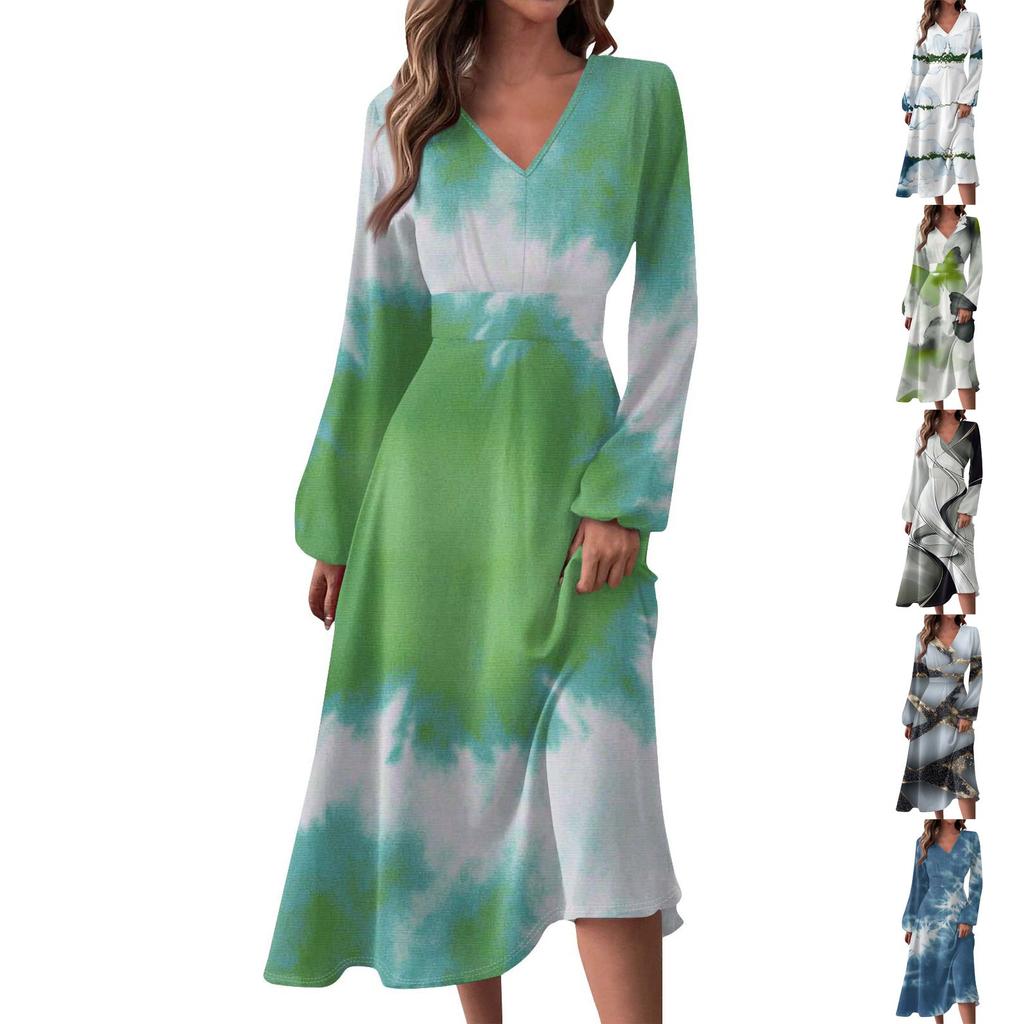 Women's Autumn- And Winter Casual Fashion V-neck Long Sleeve Stripe Print Long Dress Suitable For Daily Life And Party Wear