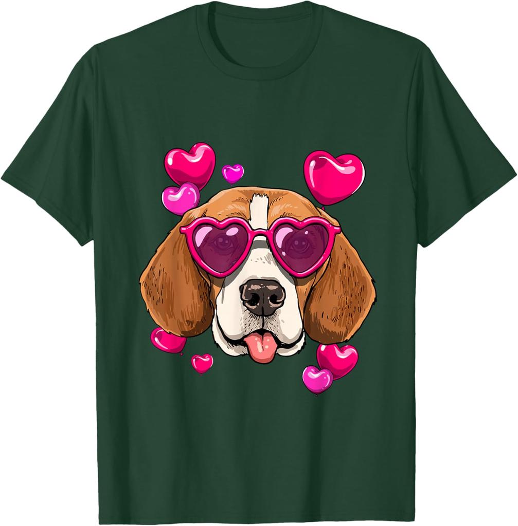 Beagle Heart Sunglasses Valentines Day Dog Lover Graphic Tee Casual Cotton T-Shirt