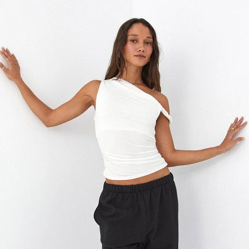 New Sleeveless Off Shoulder Side Ruched Crop Tops Simple Basic Solid Casual Summer Short Tank Top Vestidos Spring Y2k Women T-shirt Clothing