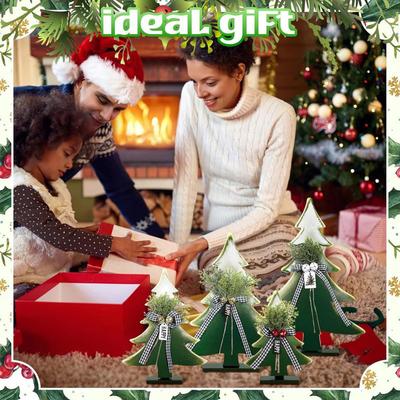 Wooden Christmas Tree Decor 5-10 Inch Farmhouse Table Centerpiece with Bell Ornaments Rustic Holiday Display for Table