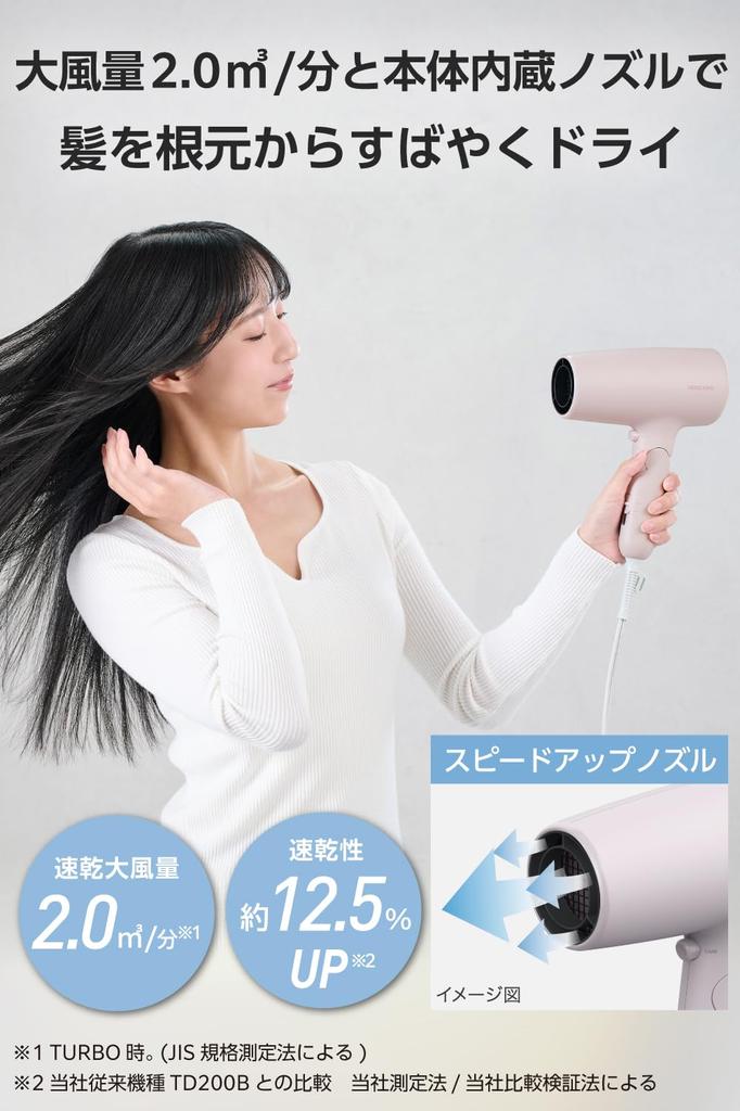 TESCOM Hair Dryer, Negative Ion, High Airflow, Quick Drying, Lightweight, Care Mode, Easy-Disconnect Plug, 1.7m Cord, Pink, TD461A-P