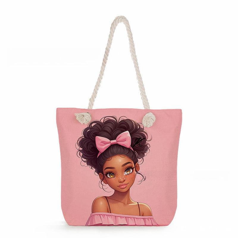 Multifunctional Fairy Tale Style Printed Thick Rope Shoulder Beach Bag Casual Large Capacity Handbag 0106 CLE