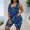 Women Plus Size Blue Black Abstract Printed Scoop Neck Sleeveless Tank Top Fitted Shorts Two Piece Set