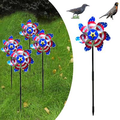 Garden Windmill American Flag Design Reflective Wind Spinner Garden Decoration Patriotic Pinwheels Waterproof Bird Scare Windmill for Independence Day