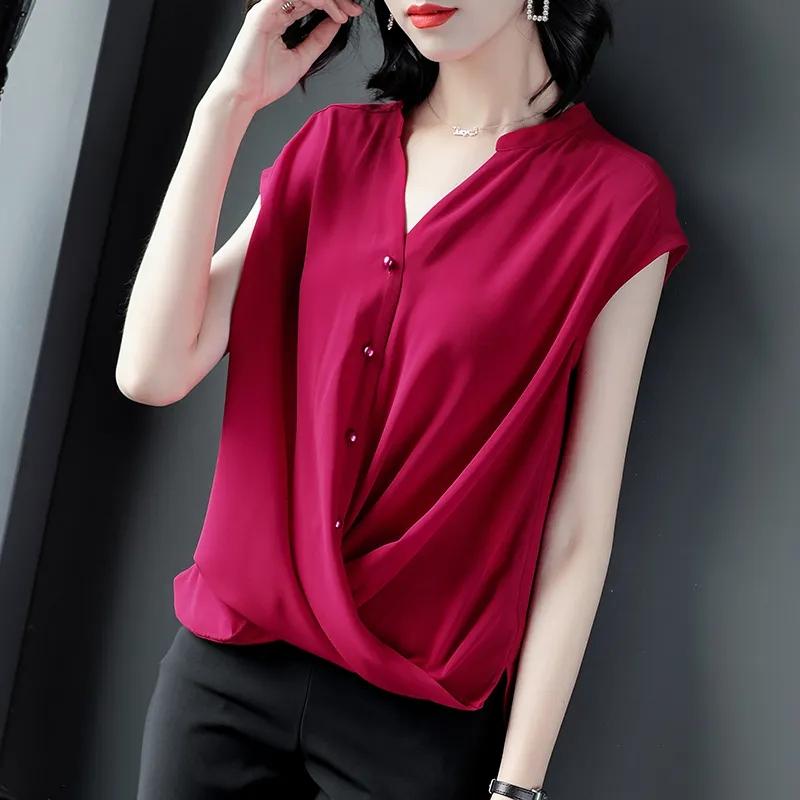 Šifonová košile s výstřihem do V Dámská letní zakrývající břicho Blůza Krátký rukáv Volný Temperament Bez rukávů Štíhlá Jednobarevná Velká velikost Košile Dámský letní top