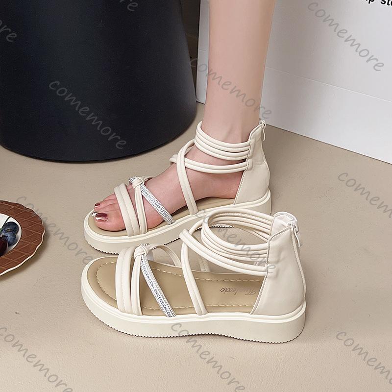 Fashion Comemore Summer New Fashion Rhinestone Flat Bottom Sandals Roman Style Cove Heel Outdoor Sandales Casual Cross Strap Women Shoes
