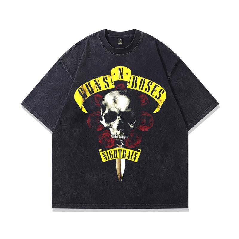 230G Heavy Cotton Washed Short-Sleeved T-Shirt American Rock Retro Skull Vintage Printed Half-Sleeved Men