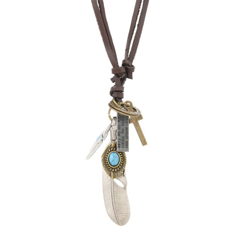 Vintage Inspired Alloy Feather Leather Necklace Adjustable Length Iron Clasp Leather Chain Necklace For Trendy Outfits 1 коричневый