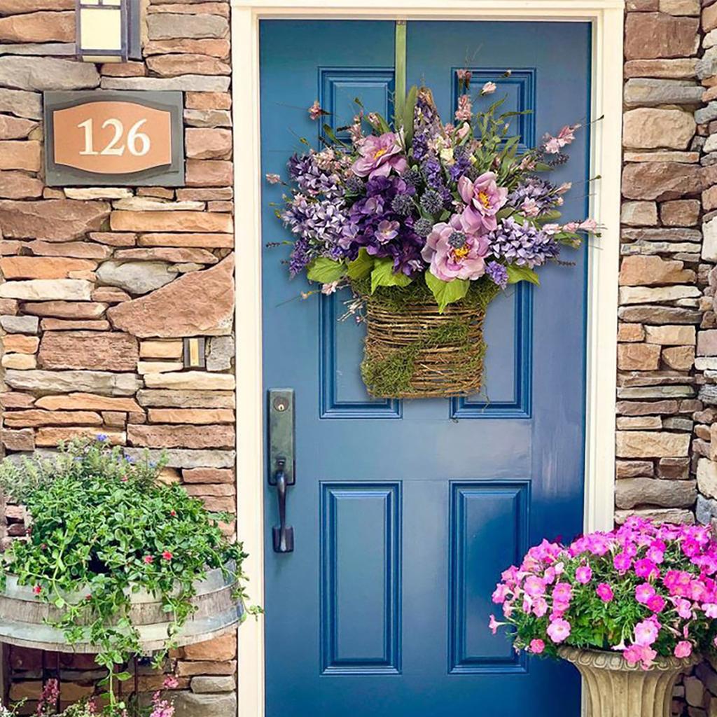 Artificial Wildflower Hanging Basket Pendant Door Hanging Lavender Wreath Ornaments Home Decoration for Farmhouse
