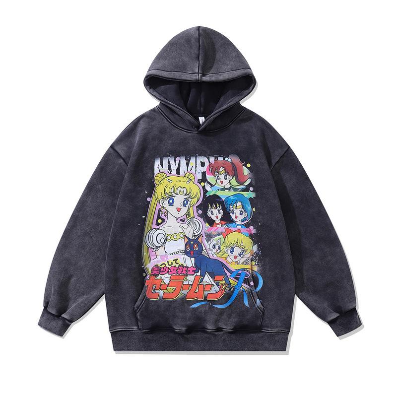European And American High Street Washed Anime Pullover Hoodie Couple Casual Direct Spray Print Loose Hooded Sweatshirt Men And Women