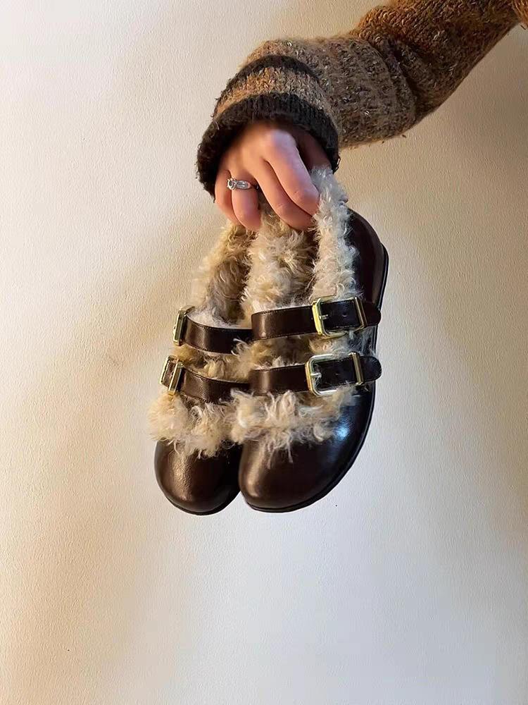 Plush warm fluffy shoes belt buckle Mary Jane shoes round head flat sole shoes one-word buckle small leather shoes