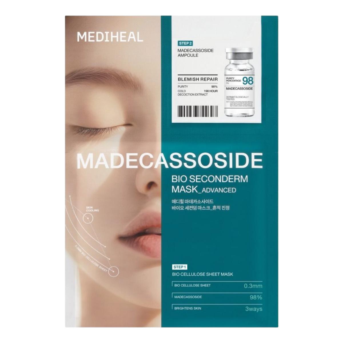 Mediheal Madecassoside Bio Seconderm Mask Blemish Soothing Pack 10 Sheets 1 Box Set - Sebum Adsorption Pore Cooling Bio-Cellulose Sheet Mask