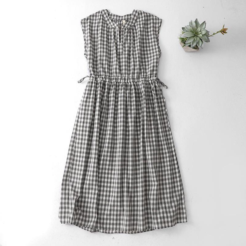 2026 Women s Black & White Plaid Drawstring V-Neck Cotton Sleeveless A-line Summer Dress 2XL