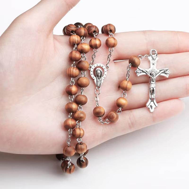 8MM Wood Rosary Beads Necklace For Women Men Catholic Jesus Christ Cross Crucifix Pendant Long Chain Religious Zircon