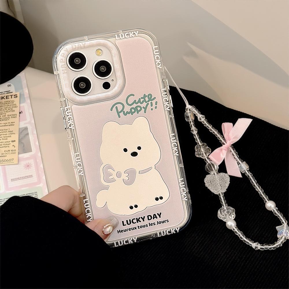 Pink Puppy Mirror for IPhone 16 Mobile Phone Case 14 ProMax Girl for IPhone 15 for 17 Bow Hanging Chain 11